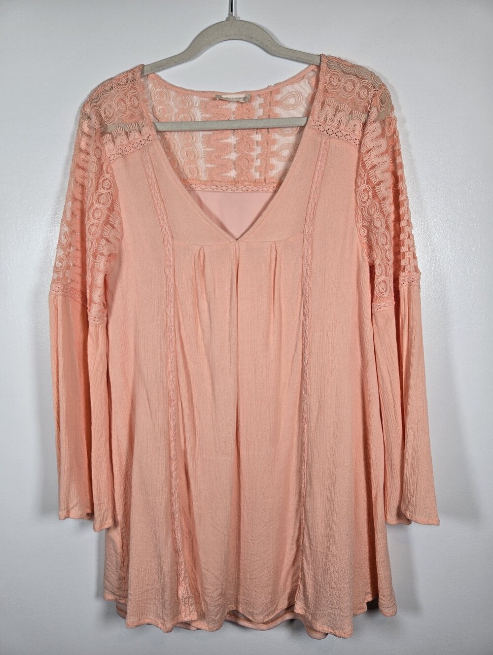 Altar'd State Peach Lace Gauze V-Neck Bell Sleeve Tunic Mini Dress Size Large